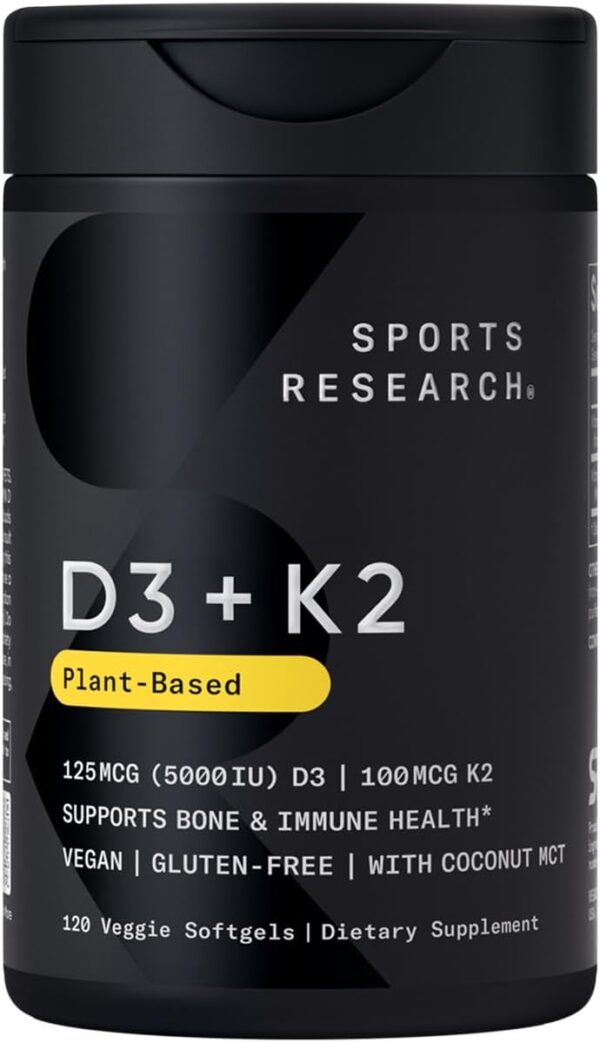 Sports Research® Vitamin D3 + K2 with Coconut MCT Oil | Vegan D3 5000 IU with K2 100 mcg for Bone & Immune Health | Vegan Certified, Soy & Gluten Free - 120 Softgels