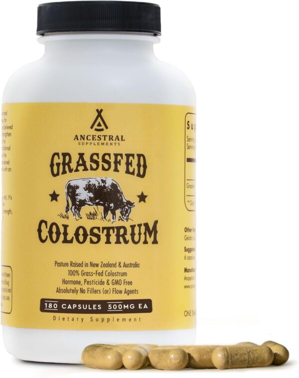 Ancestral Supplements Grass Fed Beef Colostrum Supplement, 3000 mg, Offers Immune Support and Promotes Gut Health, Athletic Performance, Healthy Iron Levels, Growth and Repair, Non GMO, 180 Capsules