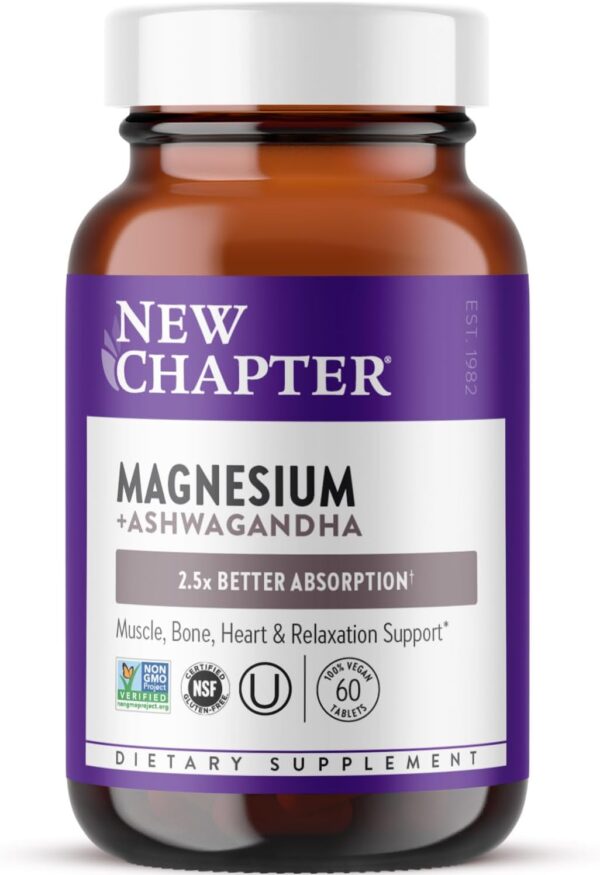 New Chapter Magnesium + Ashwagandha Supplement, 325 mg with Magnesium Glycinate, 2.5x Absorption, Muscle Recovery, Heart & Bone Health, Calm & Relaxation, Gluten Free, Non-GMO - 60 ct (2 Month Supply)