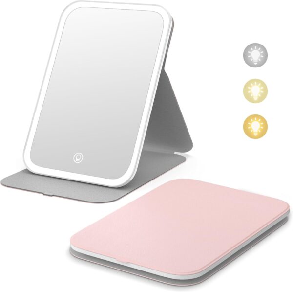 Kintion Travel Makeup Mirror, Portable LED Lighted Makeup Mirror, 360° Rotation Touch Screen Vanity Mirror, 60 LEDs, 3-Color Dimmable Lighting, Rechargeable Tabletop Folding Cosmetic Mirror, Pink