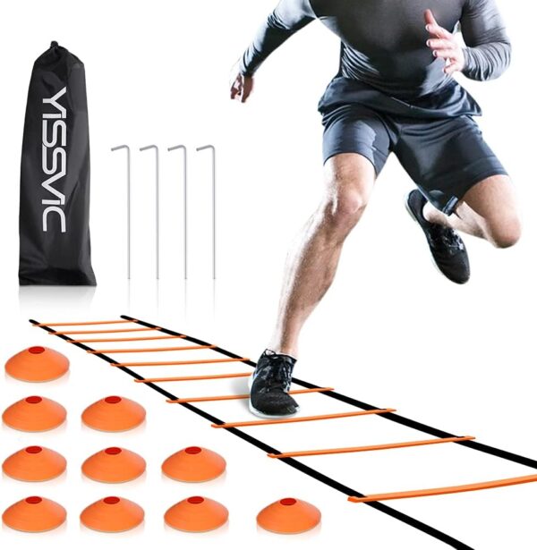 YISSVIC Agility Ladder and Cones 20 Feet 12 Adjustable Rungs Fitness Speed Training Equipment,1 Carry Bags, 10 Cones, 4 Stakes, Basketball, Soccer