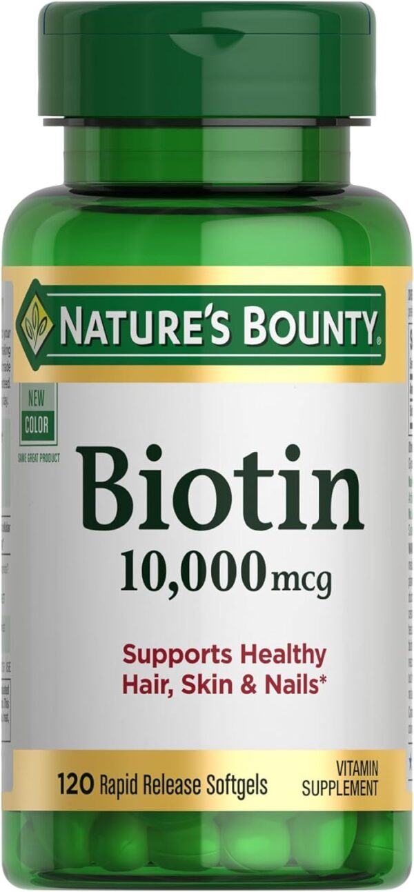 Nature's Bounty Biotin, Supports Healthy Hair, Skin and Nails, 10,000 mcg, Rapid Release Softgels, 120 Ct