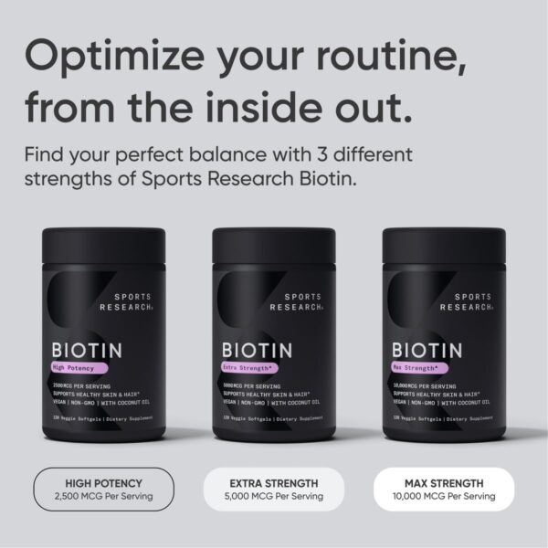 Sports Research Vegan Biotin 10,000mcg with Coconut Oil - Max Strength Biotin Vitamin B7 for Skin and Keratin Support - Non-GMO & Gluten Free, 120 Softgels (4 Month Supply) - Image 7