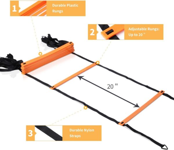 YISSVIC Agility Ladder and Cones 20 Feet 12 Adjustable Rungs Fitness Speed Training Equipment,1 Carry Bags, 10 Cones, 4 Stakes, Basketball, Soccer - Image 2