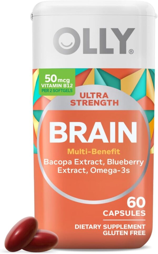 OLLY Ultra Strength Brain Softgels, Nootropic, Supports Healthy Brain Function, Memory, Focus and Concentration, Omega-3s, Vitamins B6 and B12, 30 Day Supply - 60 Count