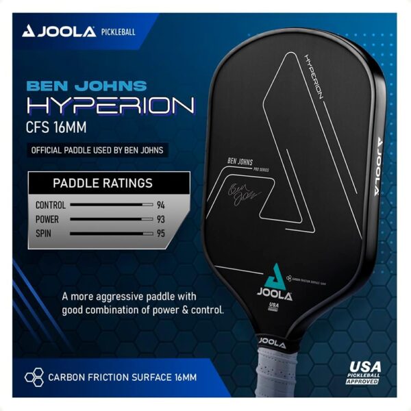 JOOLA Ben Johns Hyperion Pickleball Paddle - Carbon Surface & Sure-Grip Elongated Handle - Increased Power and Spin - Carbon Fiber Pickleball Paddle - Honeycomb Polypropylene Core - USAPA Approved - Image 5