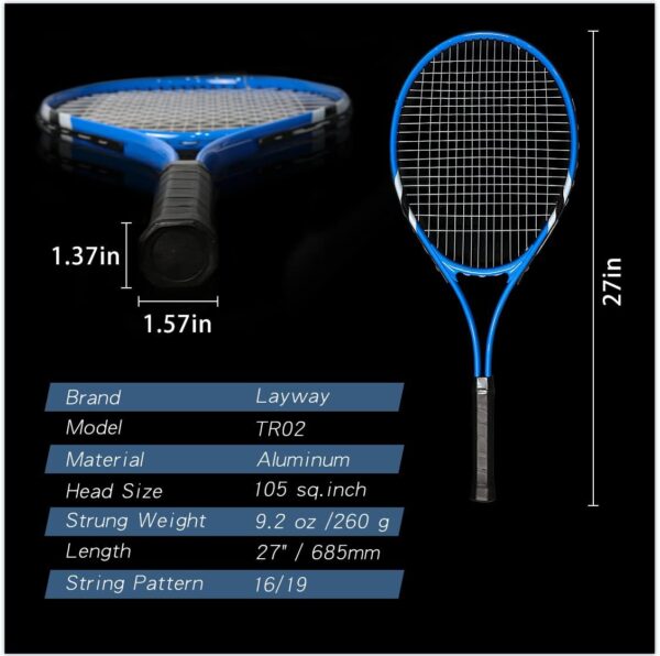 Tennis Rackets 2 Players Recreational for Beginners,Pre-Strung 27 Inch Light Adult Racquet Set for Women Men with Tennis Balls,Overgrips and Carry Bag - Image 3