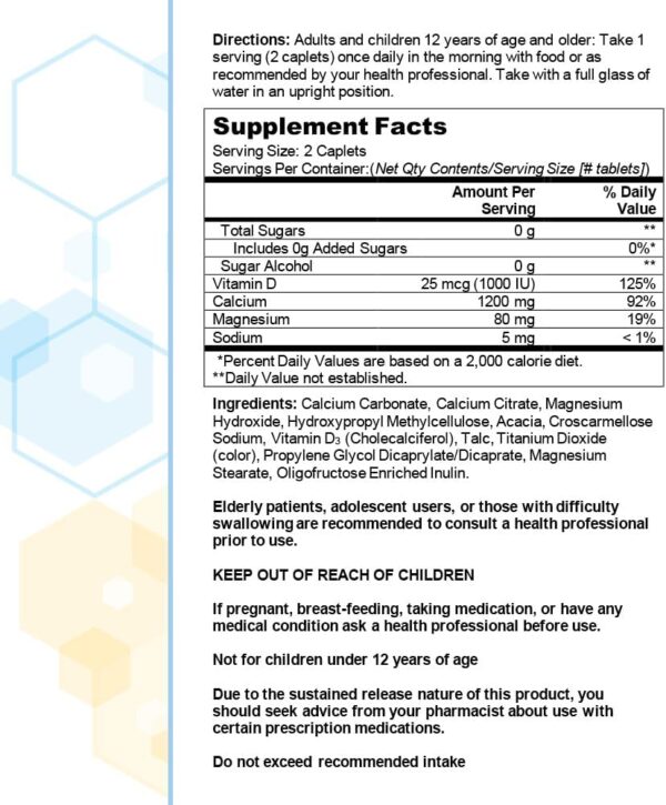 Citracal Slow Release 1200, 1200 mg Calcium Citrate and Calcium Carbonate with 25 mcg (1000 IU) Vitamin D3, Bone Health Support, Calcium Supplement for Ages 12+, Take Once Daily Caplet, 80 Count - Image 6