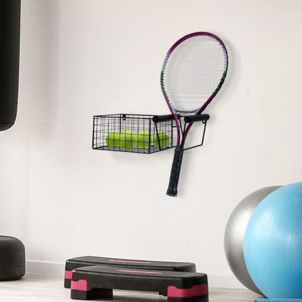 MyGift Hanging Metal Tennis Racquet and Tennis Ball Storage Basket Rack, Wall Mounted Racket Holder - Image 3