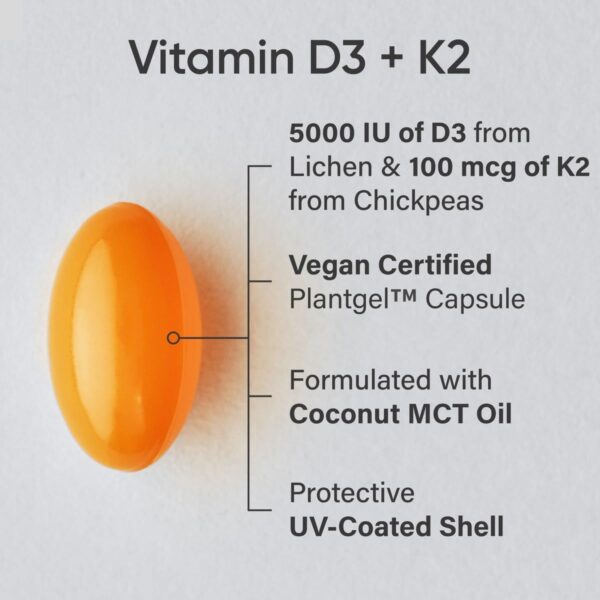 Sports Research® Vitamin D3 + K2 with Coconut MCT Oil | Vegan D3 5000 IU with K2 100 mcg for Bone & Immune Health | Vegan Certified, Soy & Gluten Free - 120 Softgels - Image 2