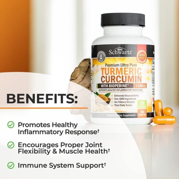 Turmeric Curcumin with Black Pepper Extract 1500mg - High Absorption Ultra Potent Turmeric Supplement with 95% Curcuminoids and BioPerine - Non GMO Turmeric Capsules for Joint Support - 90 Capsules - Image 4