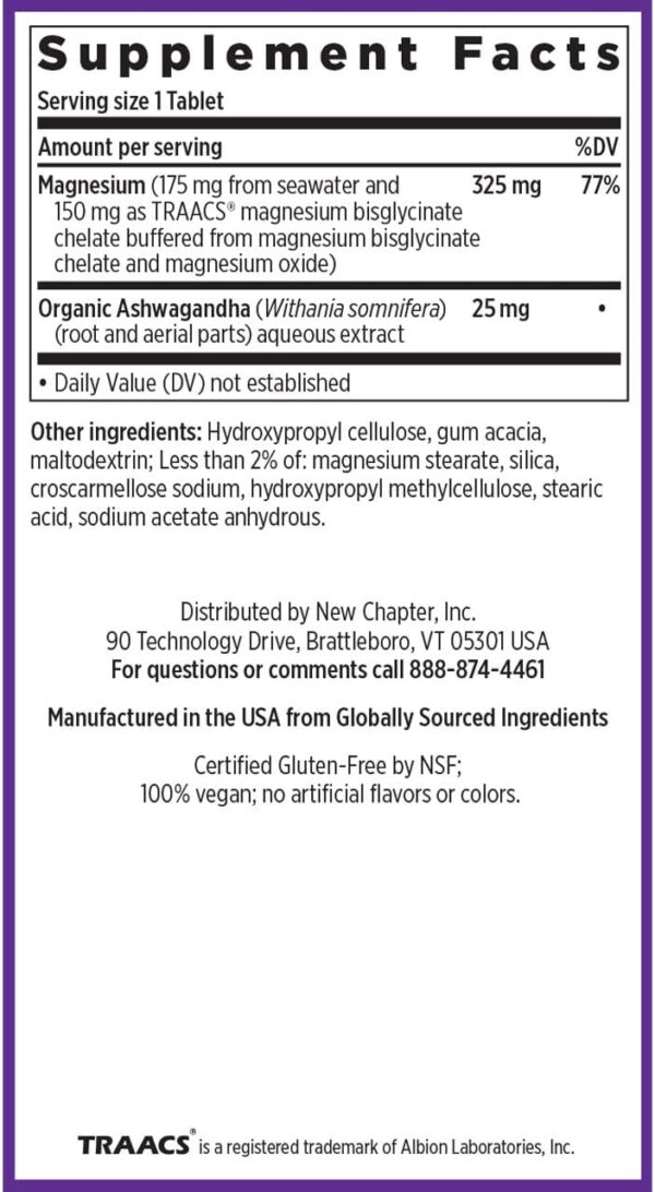 New Chapter Magnesium + Ashwagandha Supplement, 325 mg with Magnesium Glycinate, 2.5x Absorption, Muscle Recovery, Heart & Bone Health, Calm & Relaxation, Gluten Free, Non-GMO - 60 ct (2 Month Supply) - Image 6