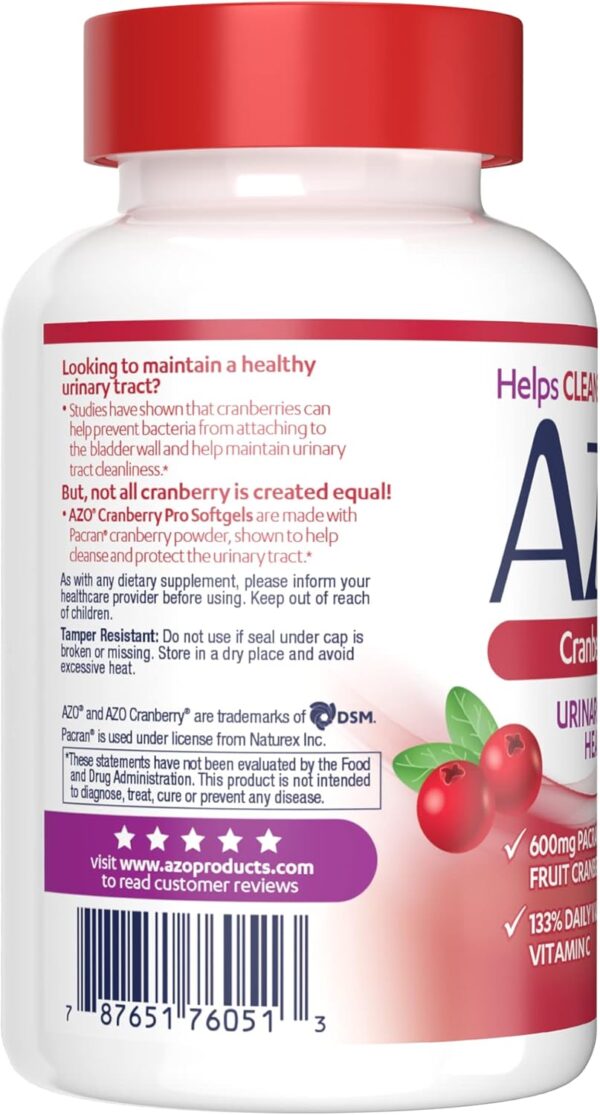 AZO Cranberry Pro, Cranberry Pills for Women & Men, 600mg Pacran, Made with Concentrated Whole Fruit Cranberry Powder to Help Cleanse and Protect The Urinary Tract*, Sugar Free, Non-GMO, 100 Softgels - Image 2