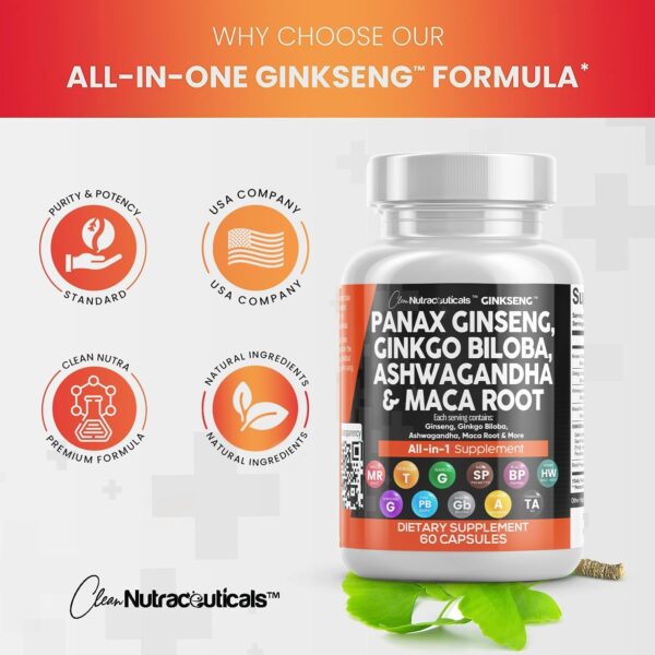 Clean Nutraceuticals Panax Ginseng 10000mg Ginkgo Biloba 4000mg Ashwagandha Maca Root 3000mg - Focus Supplement Pills for Women and Men with Pine Bark Extract, Garlic, and Saw Palmetto - 60 Caps - Image 6