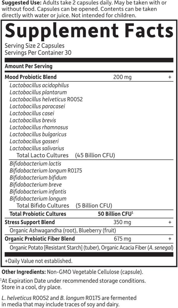 Garden of Life Probiotics Mood+ Dr Formulated Acidophilus Probiotic Supplement - Promotes Emotional Well-Being, Relaxation and Digestive Balance - Ashwagandha for Stress Management, 60 Veggie Caps - Image 6