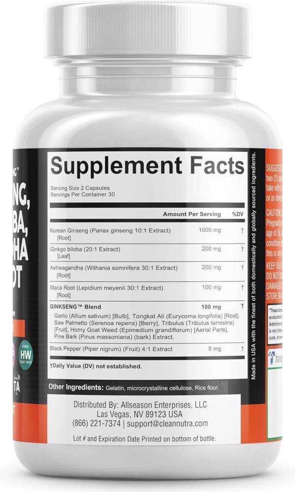 Clean Nutraceuticals Panax Ginseng 10000mg Ginkgo Biloba 4000mg Ashwagandha Maca Root 3000mg - Focus Supplement Pills for Women and Men with Pine Bark Extract, Garlic, and Saw Palmetto - 60 Caps - Image 5