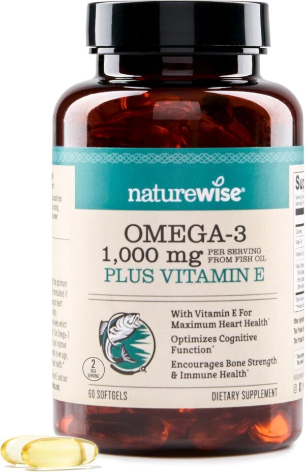 NatureWise Extra-Strength Omega 3 Fish Oil Supplement - 1000mg per Serving - 600 EPA & 400 DHA and Vitamin E - Support for Heart & Brain Health - Lemon Flavor, GMO-Free - 60 Softgels[1-Month Supply]