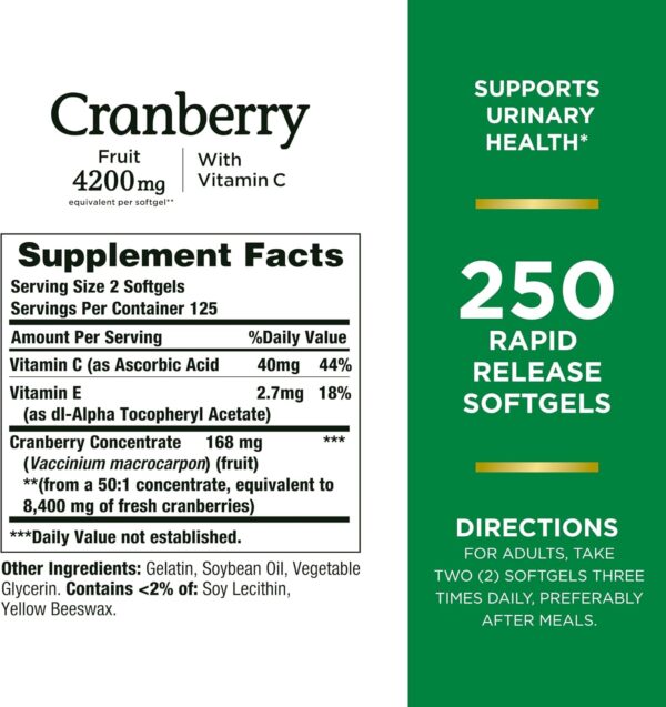 Nature's Bounty Cranberry 4200mg With Vitamin C, Urinary Health & Immune Support, Cranberry Concentrate, 250 Rapid Release Softgels - Image 2