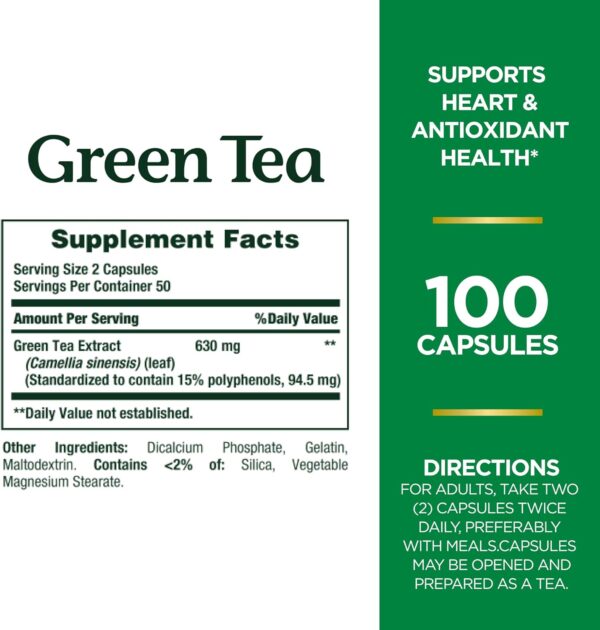 Nature's Bounty Green Tea Pills and Herbal Health Supplement, Supports Heart and Antioxidant Health, 315mg, 100 Capsules - Image 2