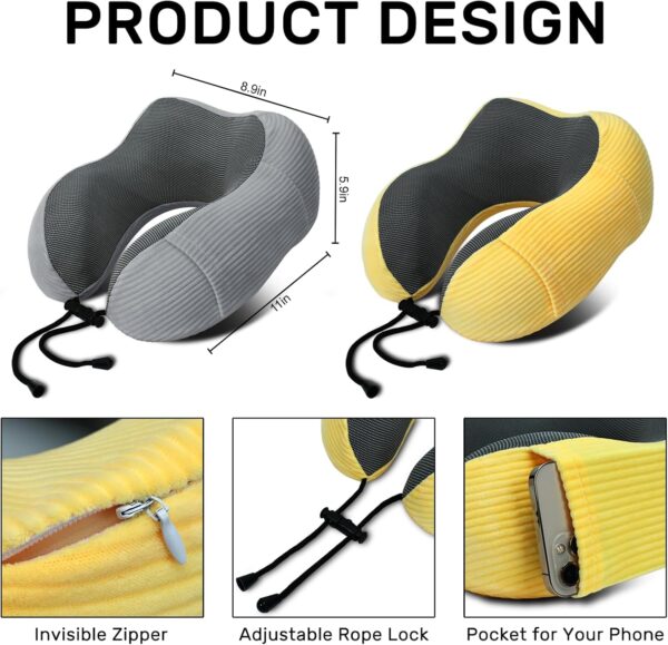 Neck Pillow Airplane-2 Pack Memory Foam Travel Pillow, Soft & Support Travel Neck Pillow for Travelling, Sleeping Rest, Car, Train and Home Use (Grey&Yellow) - Image 5