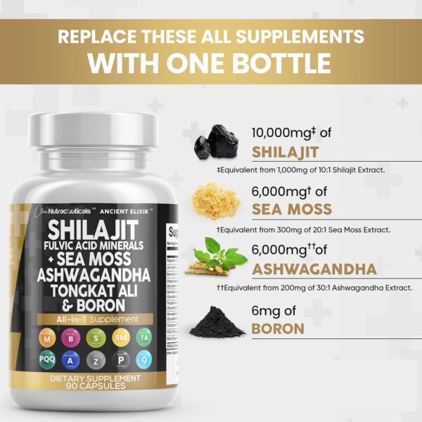 Clean Nutraceuticals Shilajit Supplement 10,000mg with Sea Moss 6000mg, Ashwagandha 6000mg, Tongkat Ali, Boron, Magnesium - Fulvic Acid Capsules for Men - 90 Count - Image 3