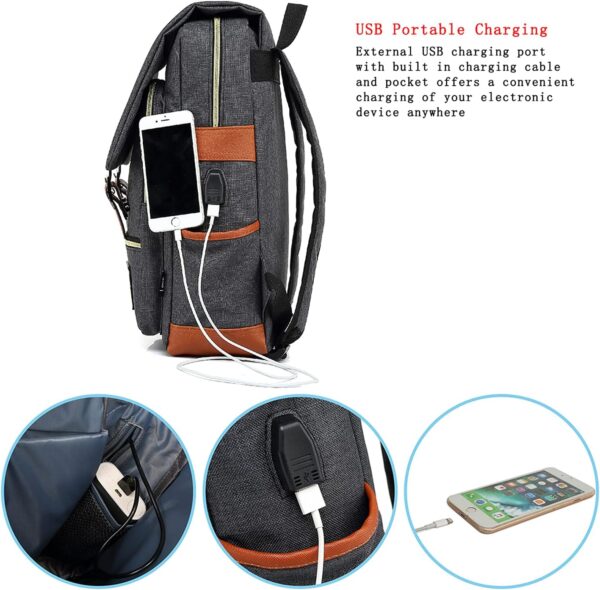 UGRACE Vintage Laptop Backpack with USB Charging Port, Elegant Water Resistant Travelling Casual Daypacks College Shoulder Bag for Men Women, Fits up to 15.6Inch Laptop in Black - Image 2