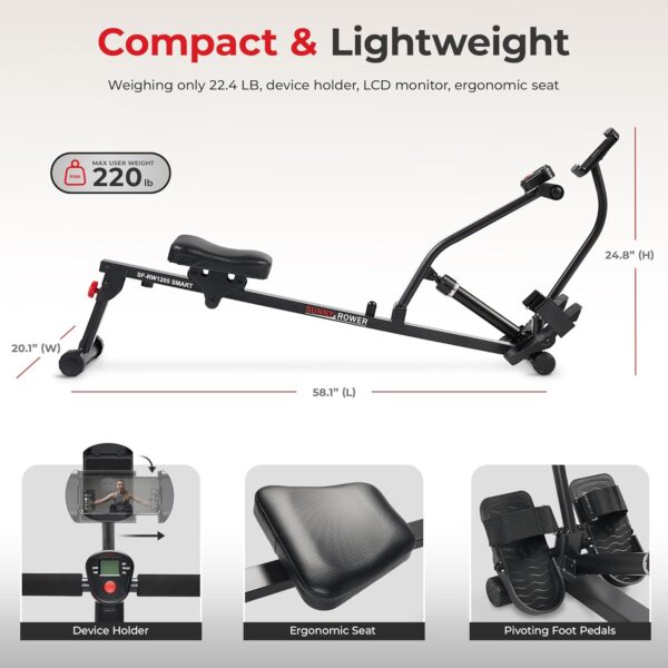 Sunny Health & Fitness Compact Adjustable Rowing Machine with 12 Levels of Resistance for Complete Body Workouts and Optional Free SunnyFit App Enhanced Connectivity - Image 5