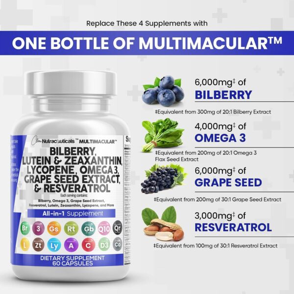 Clean Nutraceuticals Eye Health Vitamins with Bilberry 6000mg Lutein & Zeaxanthin 40mg Lycopene 40mg Resveratrol 3000mg Grape Seed Extract 6000mg Omega 3 4000mg Astaxanthin - Eye Vitamin - 60 Capsules - Image 3