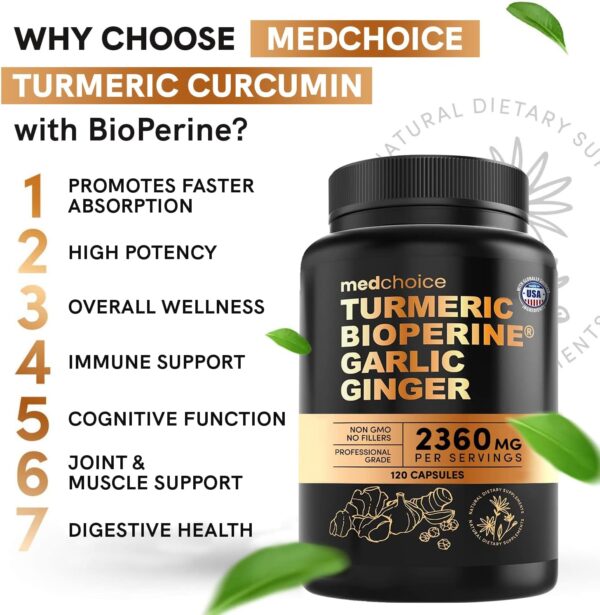 4-in-1 Turmeric and Garlic Supplements with Bioperine 2360 mg (120 ct) Turmeric Ginger Root Capsules with Garlic - Turmeric Curcumin with Black Pepper for Joint, Digestion & Immune Support (Pack of 1) - Image 2