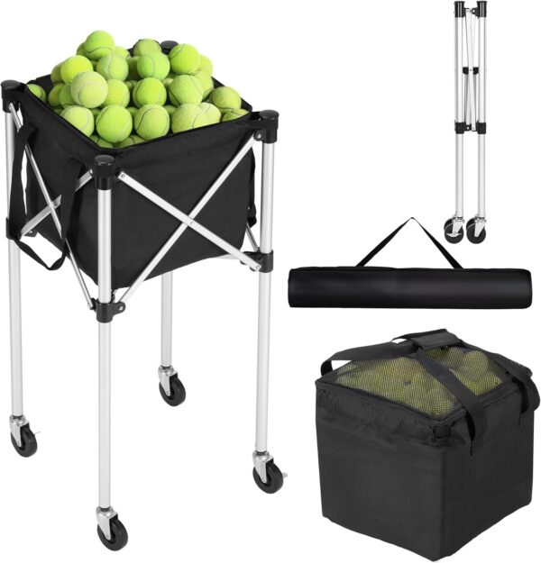 Rengue Tennis Ball Hopper, Portable Tennis Ball Basket for 150 Balls with Silent Wheels, Lightweight Aluminum Alloy Pickleball Ball Holder, Foldable Tennis Ball Cart for Practice, Training