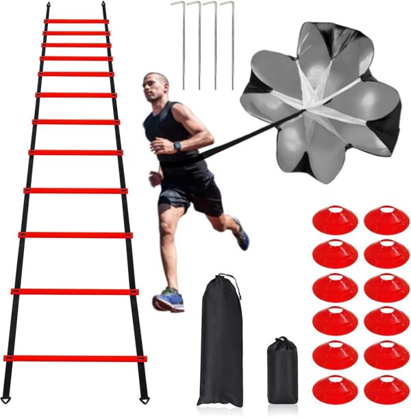 Pro Speed & Agility Training Set—Includes 12 Rung 20ft Adjustable Agility Ladder with Carrying Bag, 12 Disc Cones, 4 Steel Stakes, 1 Resistance Parachute, Use Equipment to Improve Footwork Any Sport