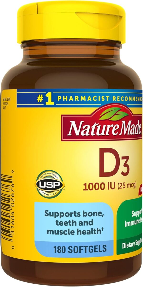 Nature Made Vitamin D3 1000 IU (25 mcg), Dietary Supplement for Bone, Teeth, Muscle and Immune Health Support, 180 Softgels, 180 Day Supply - Image 7