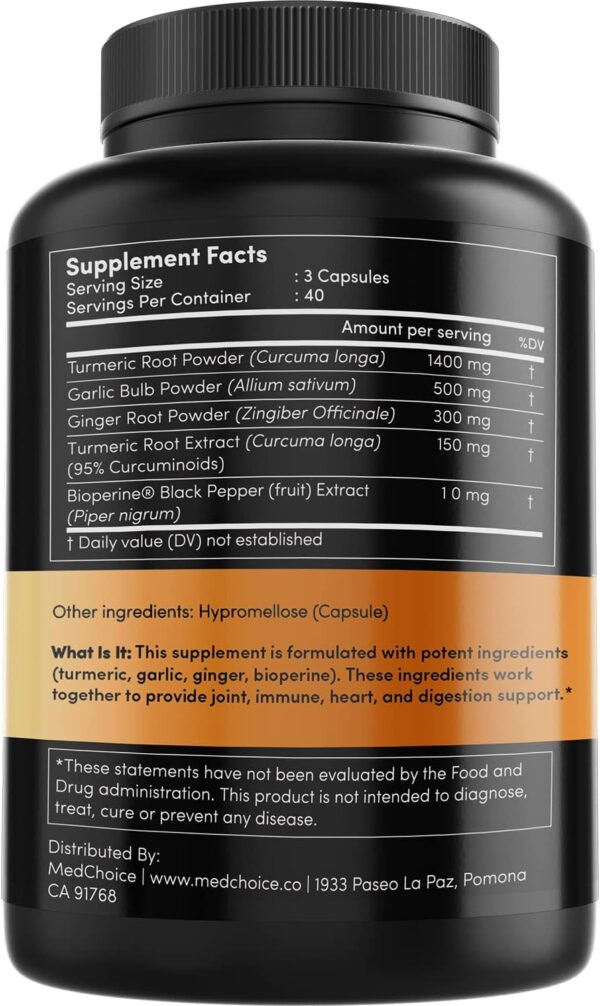 4-in-1 Turmeric and Garlic Supplements with Bioperine 2360 mg (120 ct) Turmeric Ginger Root Capsules with Garlic - Turmeric Curcumin with Black Pepper for Joint, Digestion & Immune Support (Pack of 1) - Image 7