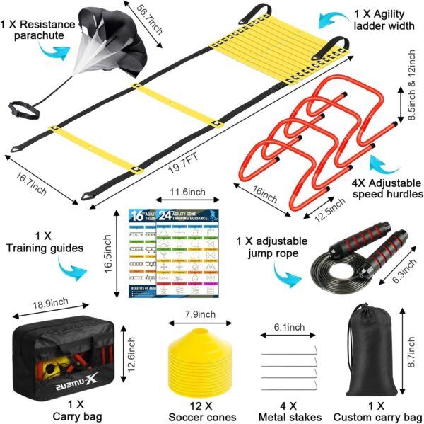 Agility Ladder Speed Training Equipment Set-20ft Agility Ladder,12 Soccer Cones,4 Hurdles, Jump Rope, Running Parachute| Basketball Football Soccer Training Equipment for Kids Youth Adults - Image 2