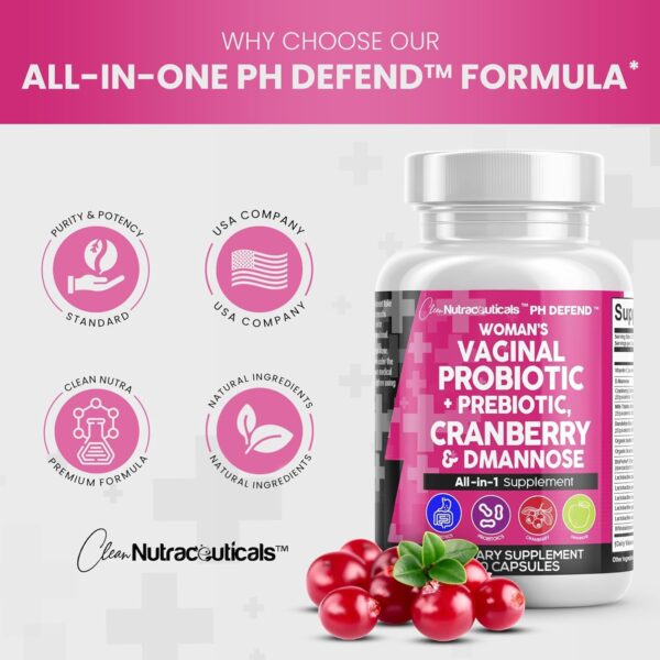 Clean Nutraceuticals Vaginal Probiotics for Women + Prebiotics 20 Billion Cranberry Pills 30,000mg w/D-Mannose 500 mg for Urinary Tract Health pH Balance - for Vaginal Health Supplements Pills - Image 5