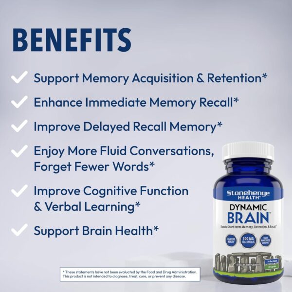 Stonehenge Health Dynamic Brain Supplement – New Formula with BacoMind for Memory Acquisition, Retention, & Recall with 40 Unique Nootropic: Choline, Phosphatidylserine, and Huperzine A - Image 2