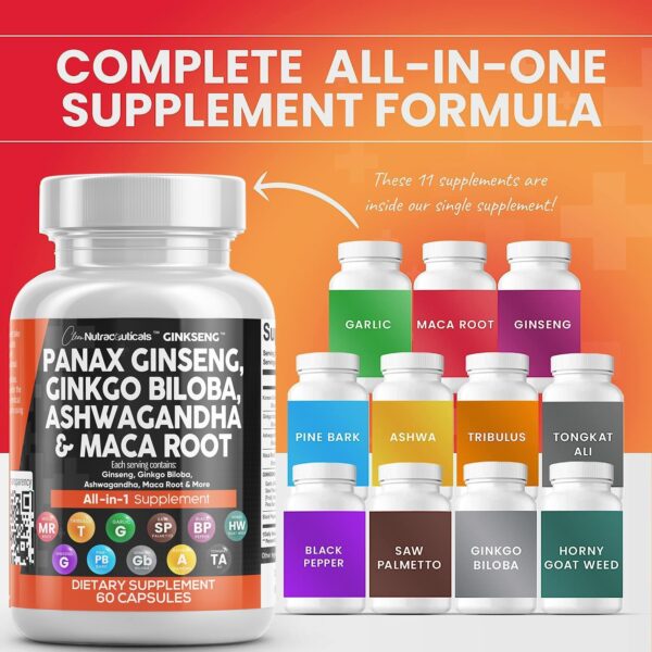 Clean Nutraceuticals Panax Ginseng 10000mg Ginkgo Biloba 4000mg Ashwagandha Maca Root 3000mg - Focus Supplement Pills for Women and Men with Pine Bark Extract, Garlic, and Saw Palmetto - 60 Caps - Image 2