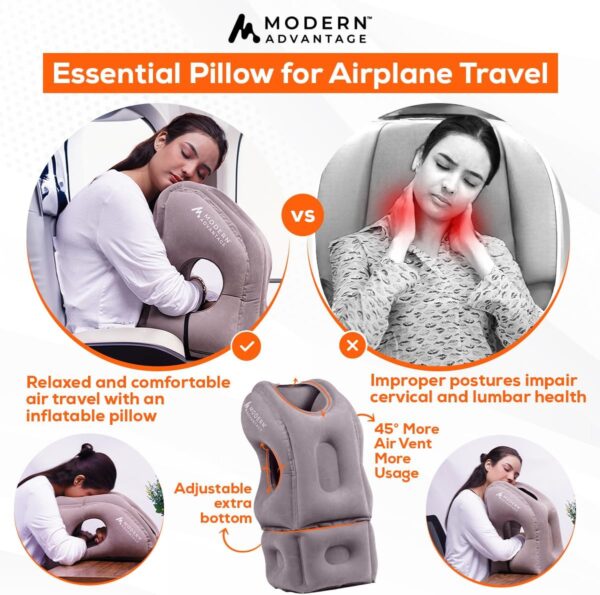 Modern Advantage Inflatable Travel Pillow for Airplanes with Adjustable extra Bottom, Support head & chin to avoid Neck & Shoulder Pain for Travelling office napping with Eye Mask & Earplug, Pack of 2 - Image 4