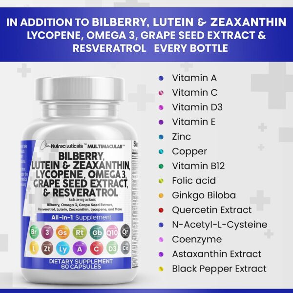 Clean Nutraceuticals Eye Health Vitamins with Bilberry 6000mg Lutein & Zeaxanthin 40mg Lycopene 40mg Resveratrol 3000mg Grape Seed Extract 6000mg Omega 3 4000mg Astaxanthin - Eye Vitamin - 60 Capsules - Image 5