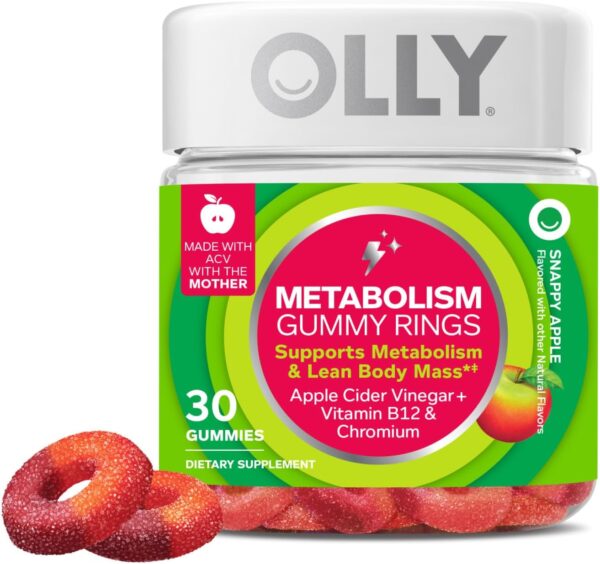 OLLY Metabolism Gummy Rings, Apple Cider Vinegar, Vitamin B12, Chromium, Energy and Digestive Health, Chewable Supplement, Apple Flavor - 30 Count