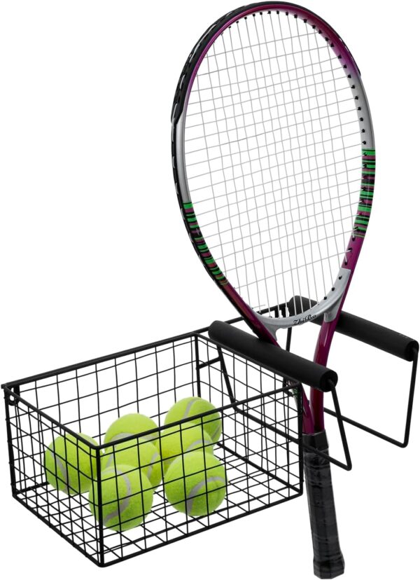 MyGift Hanging Metal Tennis Racquet and Tennis Ball Storage Basket Rack, Wall Mounted Racket Holder