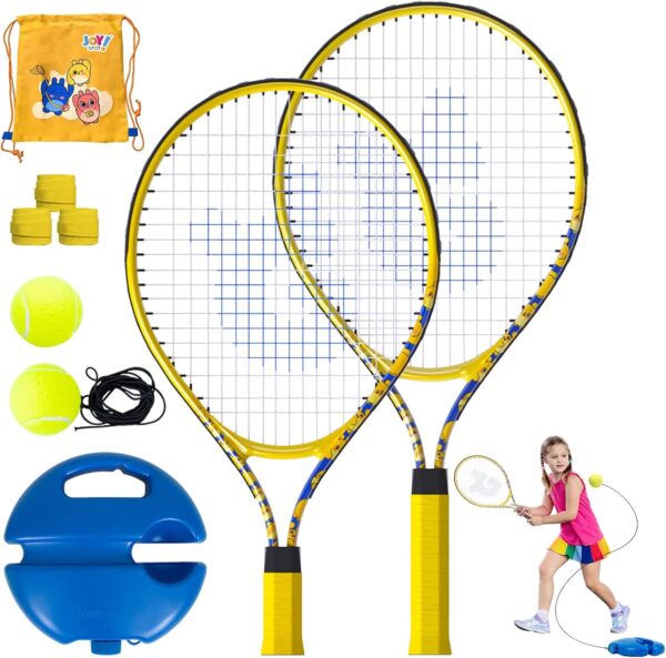 Kids Tennis Rackets 2 Pack with Tennis Trainer Rebound Balls, Size 19" & 21" Tennis Training Equipment for Parent-Child Activities, Portable Beginners Junior Youth Tennis Practice Kit for Boy Girl