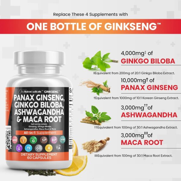 Clean Nutraceuticals Panax Ginseng 10000mg Ginkgo Biloba 4000mg Ashwagandha Maca Root 3000mg - Focus Supplement Pills for Women and Men with Pine Bark Extract, Garlic, and Saw Palmetto - 60 Caps - Image 3