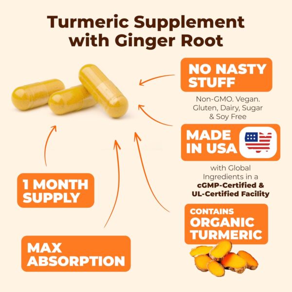 Turmeric Supplement and Ginger Root Joint Support Supplement - Turmeric Curcumin Supplement 95% Curcuminoids. Contains Organic Turmeric with Black Pepper (Bioperine) for Max Absorption. 60 Capsules - Image 4