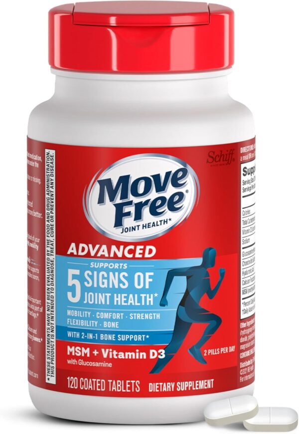 Move Free Advanced Glucosamine Chondroitin MSM + Vitamin D3 Joint Support Supplement, Supports Mobility Comfort Strength Flexibility & Bone + Immune Health - 120 Tablets (60 servings)