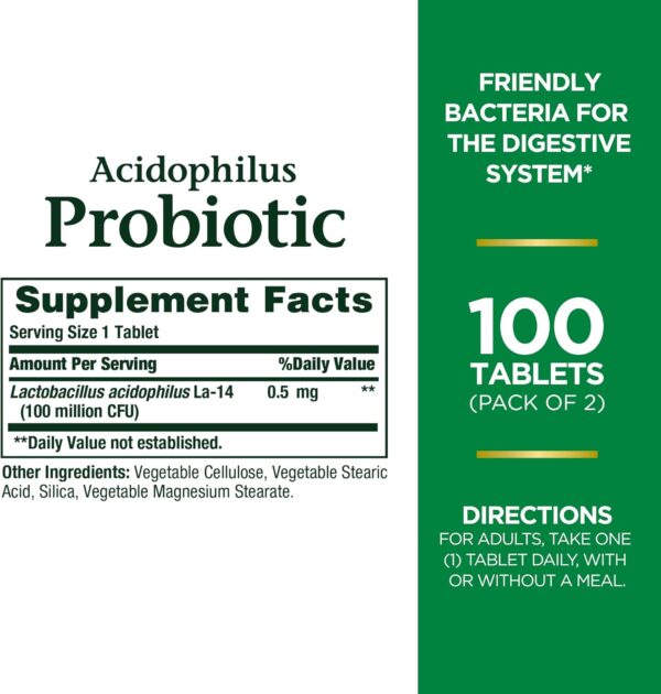 Nature's Bounty Acidophilus Probiotic, Daily Probiotic Supplement, Supports Digestive Health, Twin Pack, 100 Count (Pack of 2) - Image 2