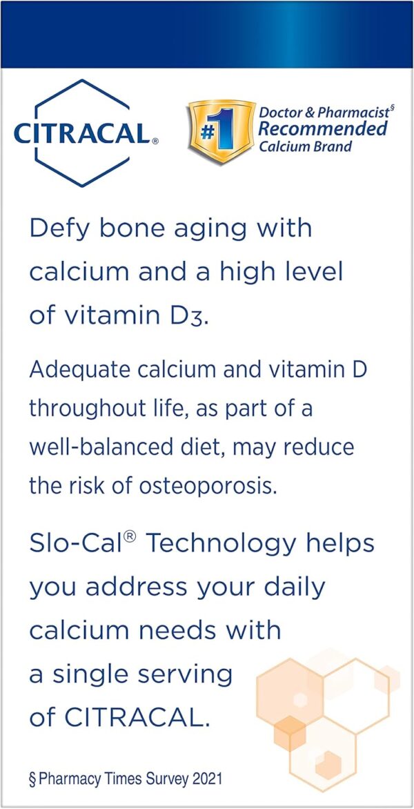 Citracal Slow Release 1200, 1200 mg Calcium Citrate and Calcium Carbonate with 25 mcg (1000 IU) Vitamin D3, Bone Health Support, Calcium Supplement for Ages 12+, Take Once Daily Caplet, 80 Count - Image 7