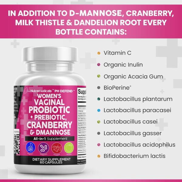 Clean Nutraceuticals Vaginal Probiotics for Women + Prebiotics 20 Billion Cranberry Pills 30,000mg w/D-Mannose 500 mg for Urinary Tract Health pH Balance - for Vaginal Health Supplements Pills - Image 4