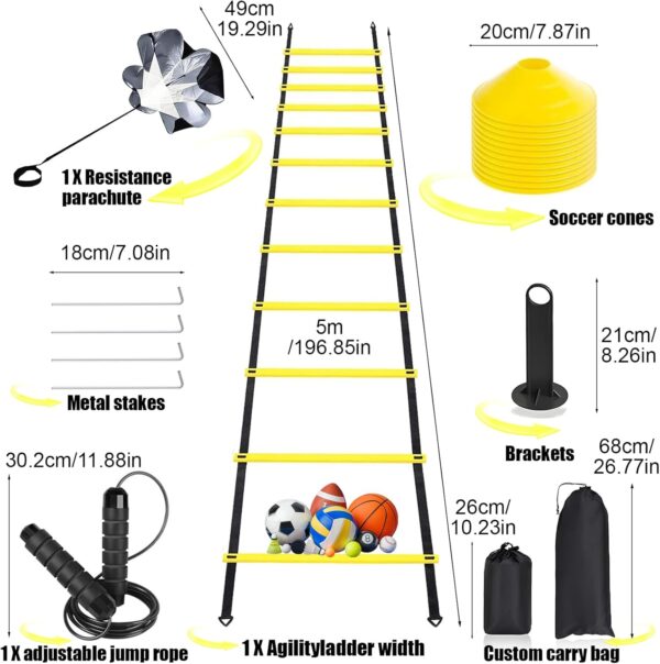 Agility Ladder,Speed Training Equipment Set,20ft Rungs Speed Ladder,Soccer Cones,Jump Rope, Running Resistance Umbrella,Basketball Equipment Football Fitness Training Equipment for Kids Youth Adults - Image 2