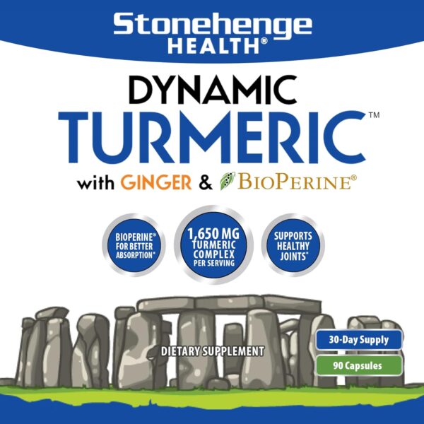 Stonehenge Health Dynamic Turmeric Curcumin with Ginger - High Potency - 1,650 mg Turmeric with 95% Curcuminoids & BioPerine, Supports Joint Pain & Inflammation, 90 Vegetarian Capsules - Image 2